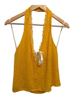 wild fable Yellow Lace-Trim Halter Tank Top